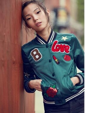 American Eagle Outfitters Dark Green Embroidered Patch Bomber Jacket